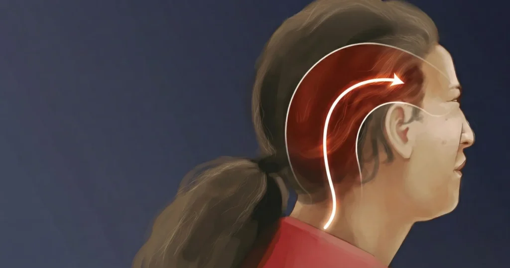 رسم توضيحي يبين مسار ألم العصب القذالي الممتد من خلف الرقبة إلى أعلى فروة الرأس.